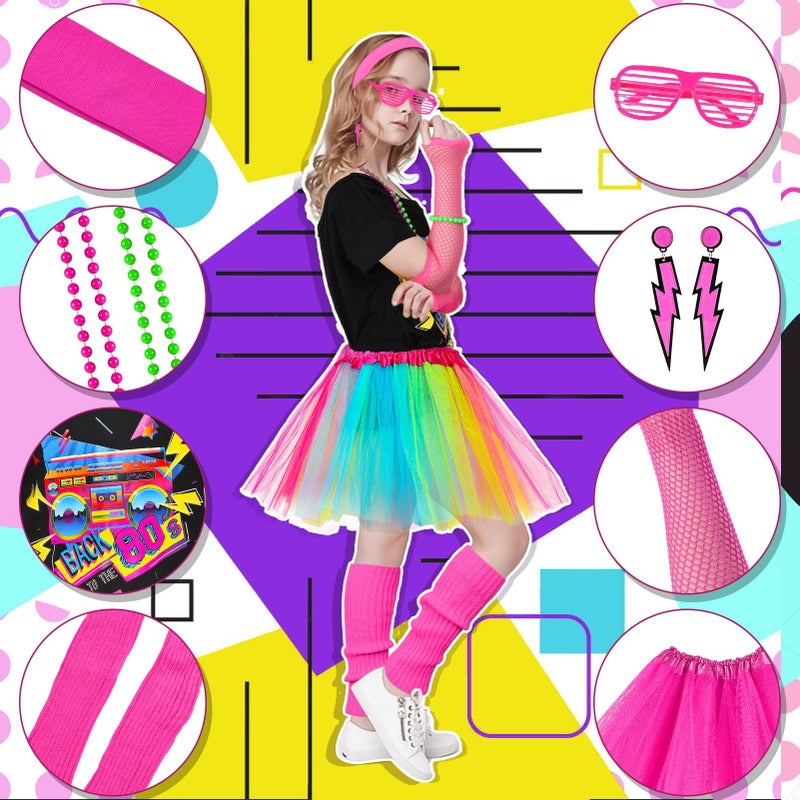 Tacobear 14Pcs Kids 80s Costume 5T-14 Accessories Set Halloween Party Fancy Outfits Cosplay 1980s Theme Retro Hop Hip Party for Girls Teen Tween Teenager 6 7 8 9 10 11 12 13 - Image 2